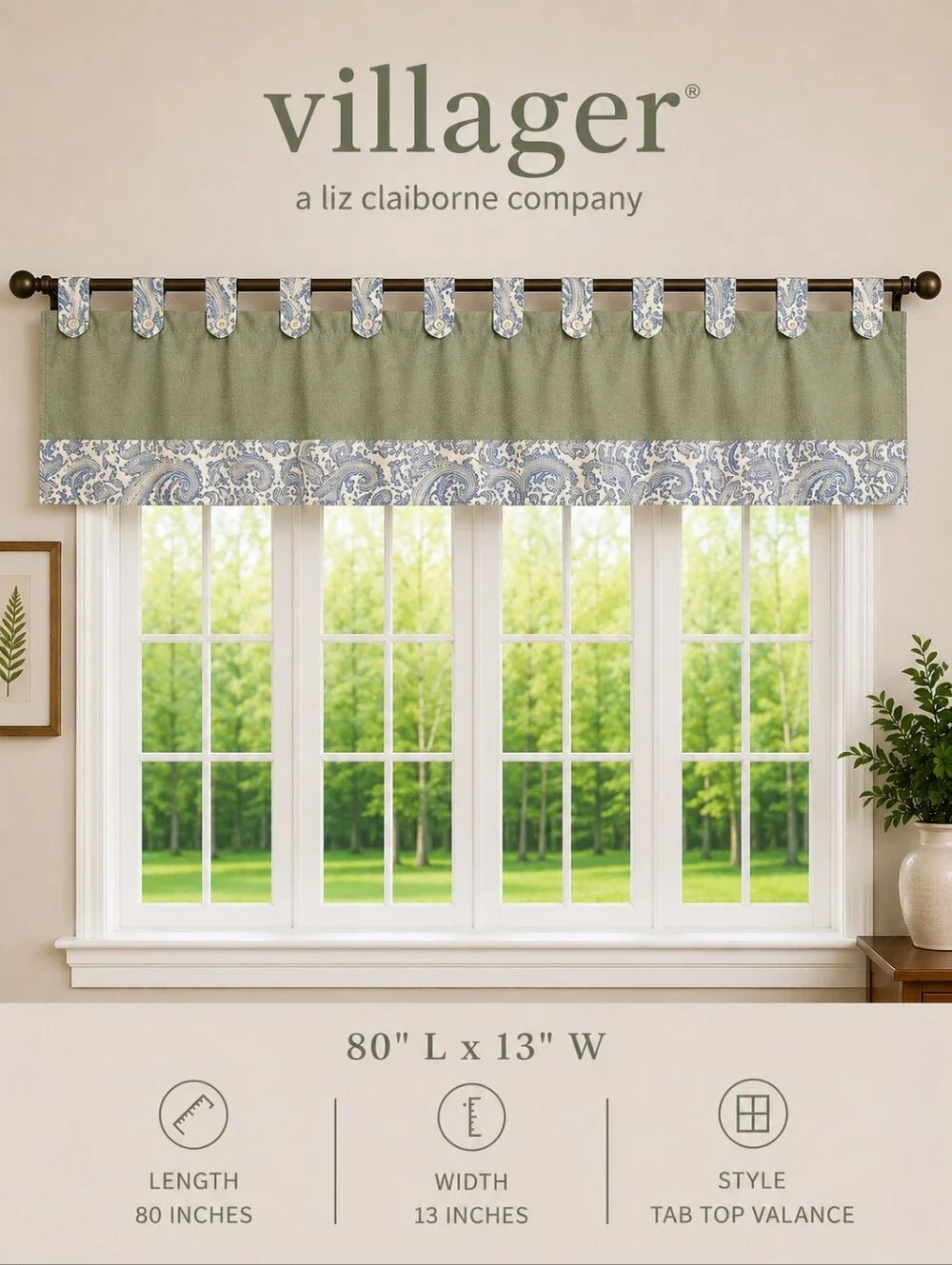 Villager Sage Green Tab-Top Valance with Paisley Trim